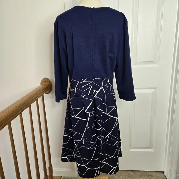 iHot Navy Blue 3/4 Sleeve Midi Pockets Fit and Flare A-Line Swing Dress Sz XL - Picture 3 of 16